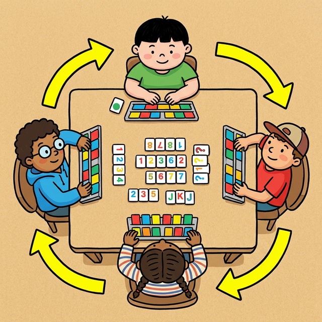 拉密遊戲俯視圖，顯示四位玩家圍桌、牌池位置和順時針出牌方向