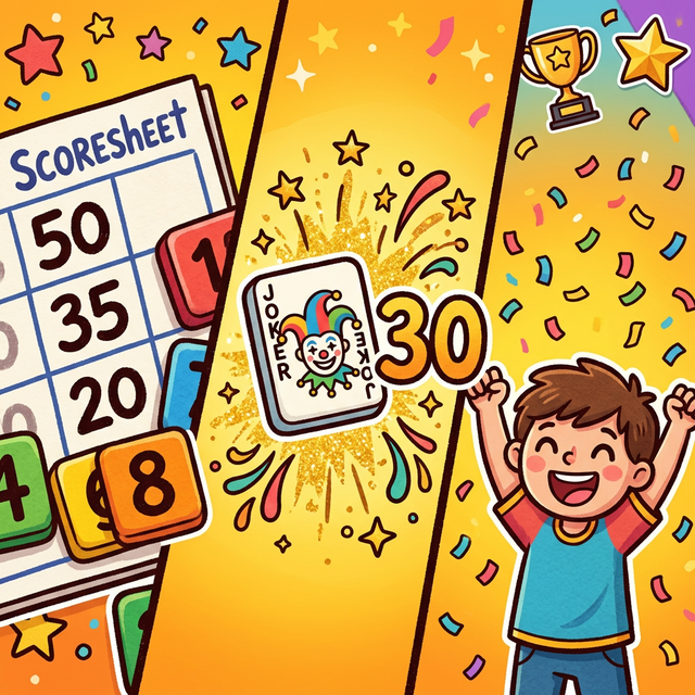 拉密計分方式示意圖，顯示分數計算和獎杯