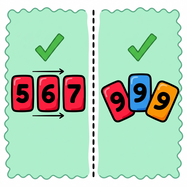 拉密兩種牌組示範：左側為順組（同色連續），右側為群組（同數不同色）