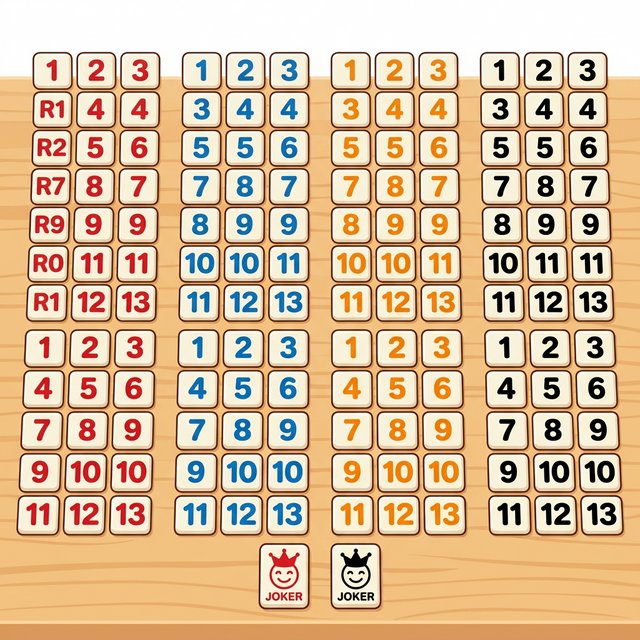 拉密完整 106 張牌組展示，包含四種顏色數字牌和百搭牌